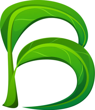 Fresh green leaf font letter B. Environment clean ecology latin type symbol, plant cartoon isolated vector typeset letter. Nature green leaf kids ABC typeface sign or English alphabet font element