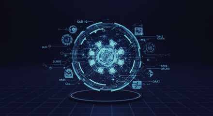 Futuristic HUD interface with circular design and various data points, displayed on a grid background.