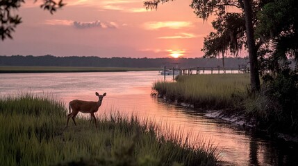 Canvas Print -   Deer on lush green field near river at sunset with cloudy sky
