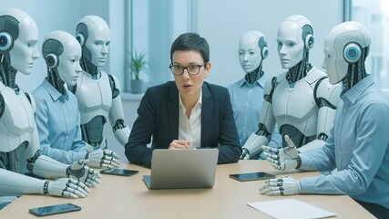 Poster - Short-haired woman in business attire leads meeting with multiple humanoid robots in modern office. Robots sit around conference table with laptops and smartphones, listening attentively.