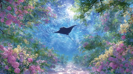 Wall Mural - a manta ray swimming in a vibrant pool of water surrounded by blooming pink and yellow flowers and s
