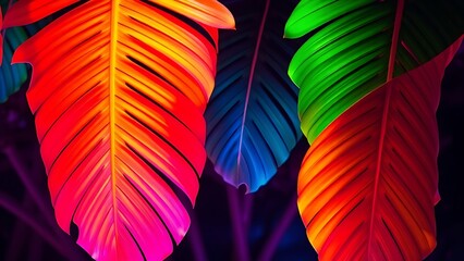 Vibrant tropical leaves in neon colors, creating an abstract and surreal background with bold contrast.