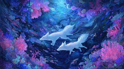 Wall Mural - two white foxes swim in purple and blue water surrounded by corals and algae, in a painting