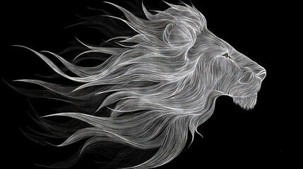 Wall Mural - a black & white lion's head with flowing mane on a black background