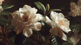 Close Up of White Gardenia Blossoms with Green Leaves Against Dark Background