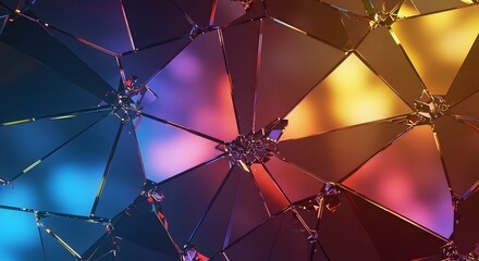 Poster - Abstract geometric background featuring triangular shapes in a variety of vibrant colors, creating a mosaic-like pattern with a reflective, crystalline appearance.