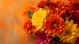 orange chrysanthemum flowers in a vase bright colorful bouquet in garden on old wall yellow background with copy space