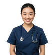 © Shahnaj - Young asian woman healthcare professional wearing dark blue scrubs and stethoscope smiling warmly isolated on transparent background