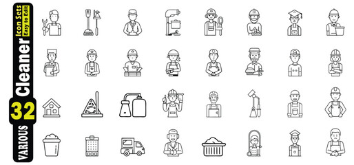 Poster - Collection of 32 black and white line art icons depicting cleaning professionals and equipment