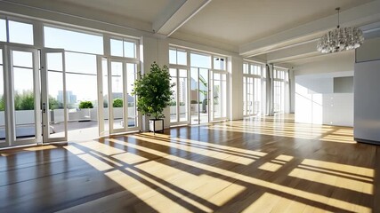 Poster - A modern space with large windows for natural light, minimalistic design, wooden floors, and touches of greenery