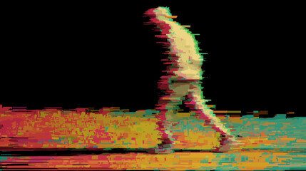 Poster - Glitch art of a walking figure in vibrant colors against dark background  