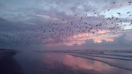 Wall Mural - a flock of birds flying over a beach beside the ocean during a purple and blue sunset