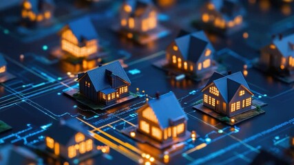Poster - Miniature houses with glowing windows on a digital circuit board representing smart home technology at night 4k video footage
