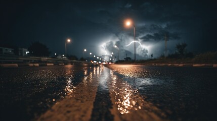 Wall Mural - city street at night with numerous lights illuminating the road and heavy rain falling on the ground