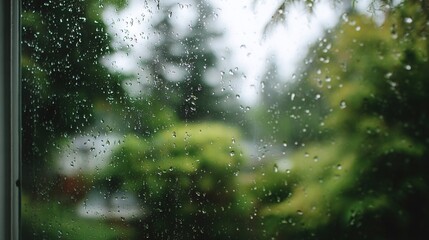 Wall Mural -   Window with raindrops on glass and a house in the distance