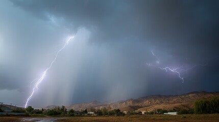 Wall Mural - a cluster of lightning bolts illuminates the sky over a field of grass and a serene lake in front of