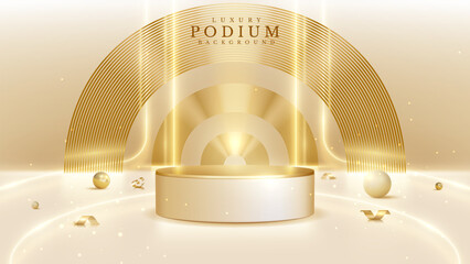 Wall Mural - Empty elegant podium golden on cream color background with light neon effects and glow bokeh with gold ball decorations. Luxury scene design concept.
