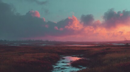 Wall Mural - river runs through green field, under pink-purple cloud sky, with windmill in distance
