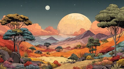 Wall Mural - a landscape painting depicts mountains, trees, and a road in the foreground, with a full moon in the