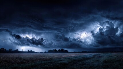 Wall Mural - the field contains lush grass, with lightning illuminating the sky above the grassy landscape and ta