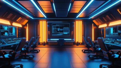 Poster - Futuristic control room with glowing blue and orange lights showcasing advanced technology and sleek design 4k video footage