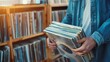 © Elena - Closeup of a person in denim jacket holding a collection of vinyl records in a music shop with a bright, warm background and clear copy space