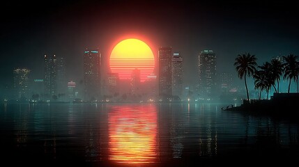 Wall Mural - the sun sets over a city with palm trees in the foreground and a body of water in the background