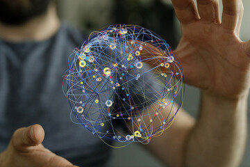 Poster - Abstract image of a man interacting with a digital sphere representing global connections and data.