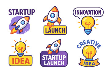 Poster - A startup innovation concept with rockets and light bulbs, launching creative ideas for new ventures with cartoon illustrations on a white background