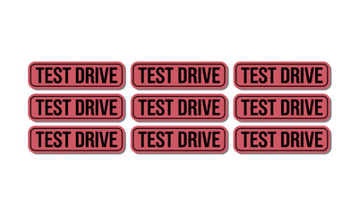 Poster - A test drive labels in red and black on white backdrop, promoting vehicle trial runs, inspiring auto enthusiasm with multiple stickers.