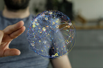 Poster - Abstract image of a person interacting with a digital network globe.  Ideal for technology, connection, and global concepts.