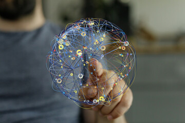 Poster - Abstract image depicting a person interacting with a digital globe representing global network connections.