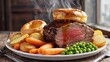 © Marina - Delicious roast beef dinner with Yorkshire pudding, potatoes, carrots, and peas, a culinary delight.