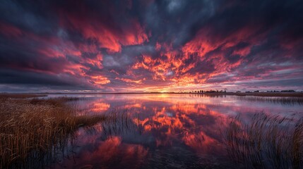 Wall Mural - a vast expanse of water encircled by towering vegetation and dotted with numerous shades of pink and