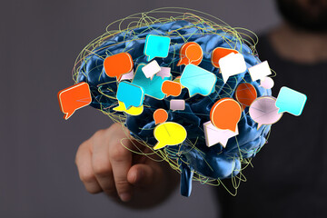 Poster - Abstract image of a brain with colorful speech bubbles representing communication, ideas, and networking.