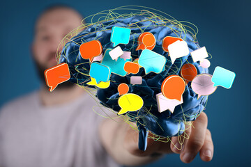 Poster - Abstract image of a brain with colorful speech bubbles, symbolizing communication and ideas.