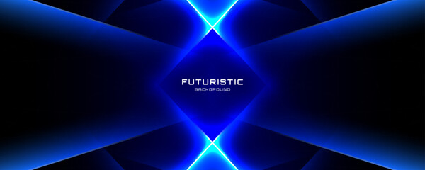 Poster - 3D blue techno abstract background overlap layer on dark space with glowing polygon effect decoration. Modern graphic design element cutout style concept for web banner, flyer, card, or brochure cover