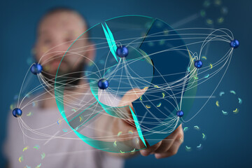 Poster - Abstract image of a person interacting with a digital network visualization.  Perfect for technology, data, and connectivity concepts.