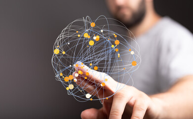 Poster - A hand interacts with a digital sphere, representing global networking, connection, and data visualization.