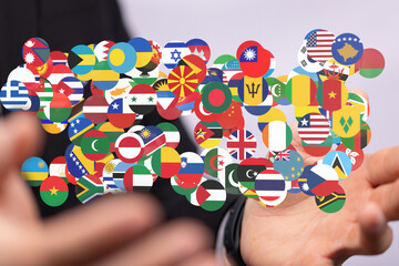 Poster - Diverse flags connect in a global network, symbolizing international collaboration and unity.