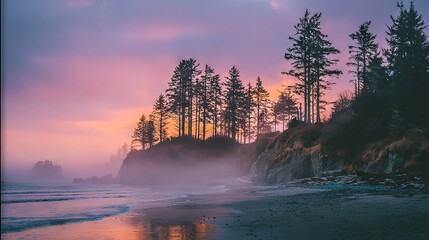 Wall Mural - a stunning image of a beach with trees lining the shore and a breathtaking pink sky in the backdrop,