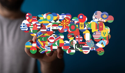 Poster - Image of diverse national flags interconnected, symbolizing global unity and collaboration.