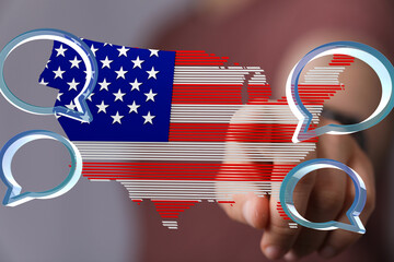 Poster - Abstract image of USA map with chat bubbles, representing digital communication and networking.