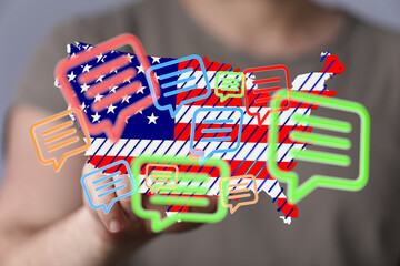Poster - Colorful speech bubbles over a US map, symbolizing nationwide communication and online interaction.