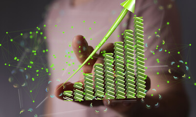 Poster - Stock photo of a hand interacting with a 3D bar graph showing positive growth and upward trend.