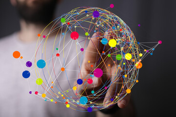 Poster - Abstract image of a hand interacting with a colorful network. Represents connection, communication, and global network.