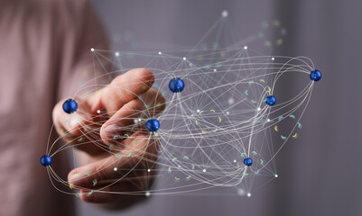 Poster - Hand interacting with a digital network, showcasing global connectivity and data flow.