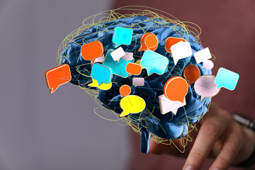 Poster - Abstract image of a brain with colorful speech bubbles, symbolizing communication, ideas, and thought processes.