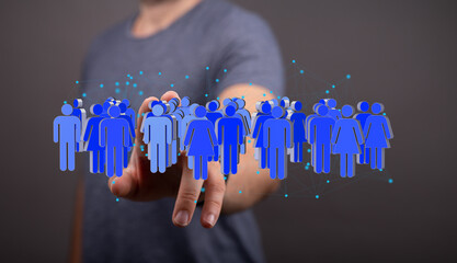 Poster - Image of a hand interacting with a digital network of people, representing social media, community, and connection.