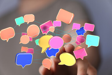 Poster - Abstract image of interconnected speech bubbles, representing communication, networking, and social media.